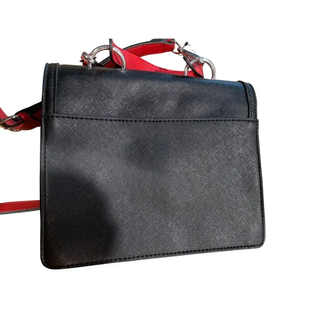 Guess Los Angeles Womens Black Purse Red Shoulder‎ Strap Silver Hardware